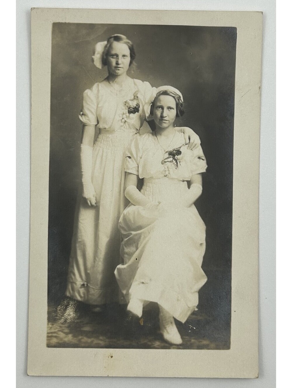 1904-1918 RPPC Photo Postcard Two Women White Dresses AZO Triangles Up      E-12